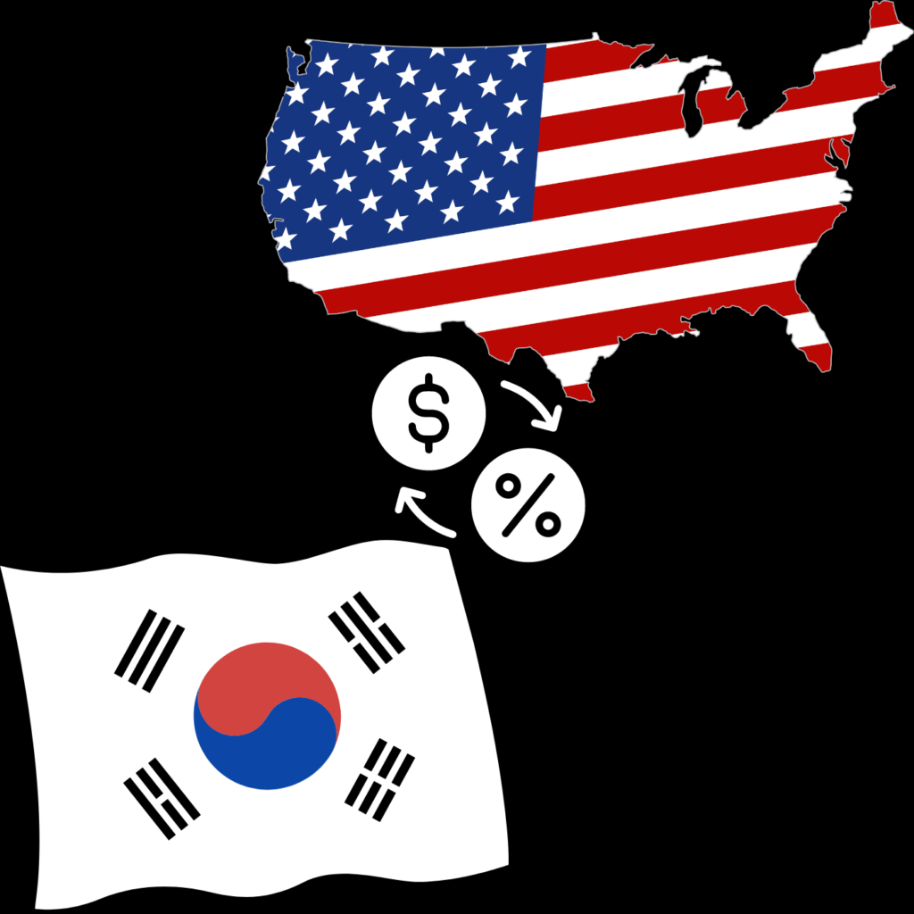 미국과 한국의 국기 이미지 사이에 환율을 뜻하는 달러와 퍼센트 이미지 표기를 통해 미국의 연방준비제도이사회가 한국경제에 미치는 영향을 설명하고 있습니다.