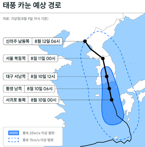 한국을 관통하는 태풍 카눈의 예상경로를 표기한 지도