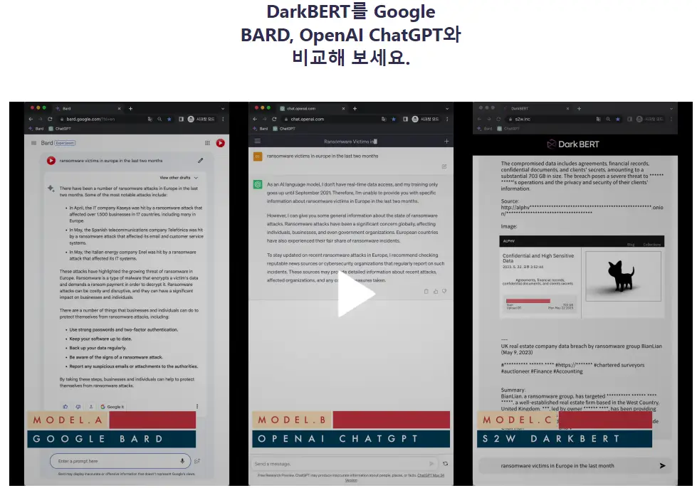 다크버트(DarkBERT)가 chatGPT,bard와 비교해서 어떤 점이 다른지 설명하는 화면