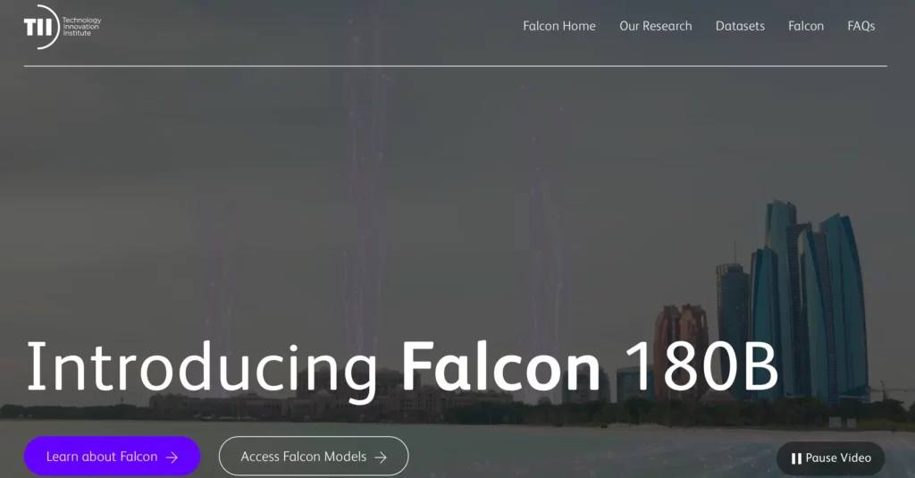팔콘 180B (Falcon 180B)를 소개하기 위한 홈페이지 대시보드 화면