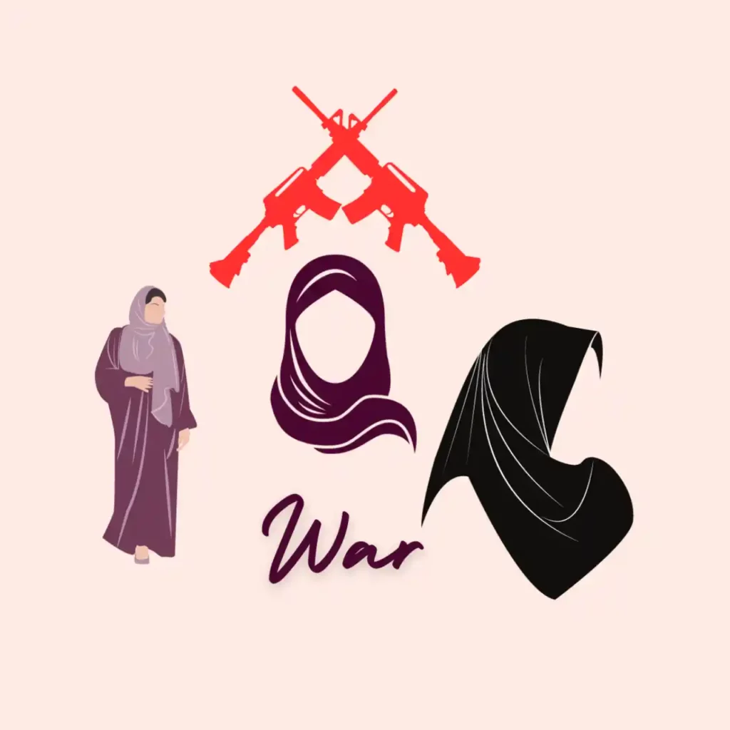 '5차 중동전쟁' 이라 불리는 이스라엘과 팔레스타인 무장단체 하마스의 전쟁을 설명하기 위해 아랍의 상징인 히잡과 전쟁을 상징하는 총 두자루가 교차된 이미지를 삽입함 