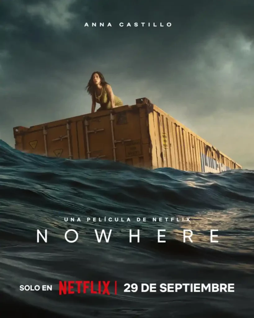 디스토피아 세계관의 영화 '노웨어'의 포스터로 바다 한가운데에 컨테이너가 떠있고 여인이 홀로 그 위에서 망연자실히 앉아 있는 모습
