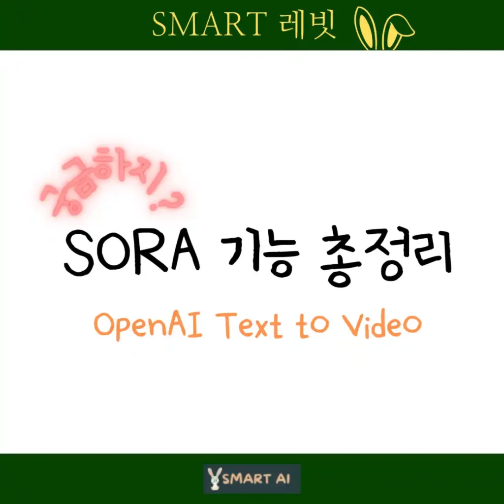 OpenAI에서 개발한 Text to Video 모델인 '소라(sora)' 서비스의 기능을 총정리하는 내용임을 암시하는 텍스트 썸네일