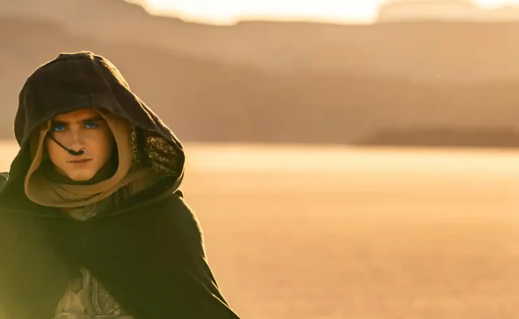 비장한 표정의 폴과 그 뒤로 영화의 배경이 되는 모래혹성 아라키스의 모습이 보이고 있어 영화의 배경과 분위기를 잘 표현하고 있다.