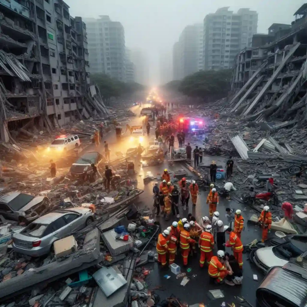 대만 지진의 참혹한 상황에서 구조대원들이 구조 작업을 하는 모습
