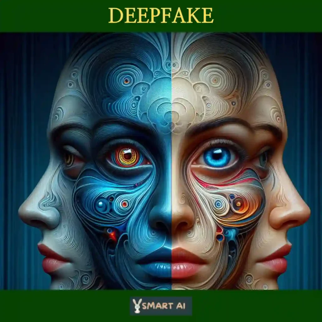 여러 얼굴방향이 동시에 보이며 눈 및 피부색도 모두 다르게 표현되어 있어 딥페이크를 이미지화함