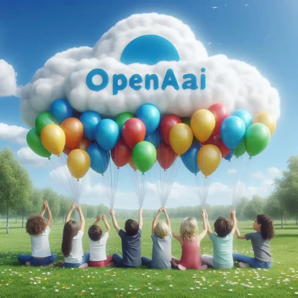 오픈ai의 새로운 기술을 기대하며 손을 올리고 기다리고 있는 아이들의 모습이 표현되어 있다.
